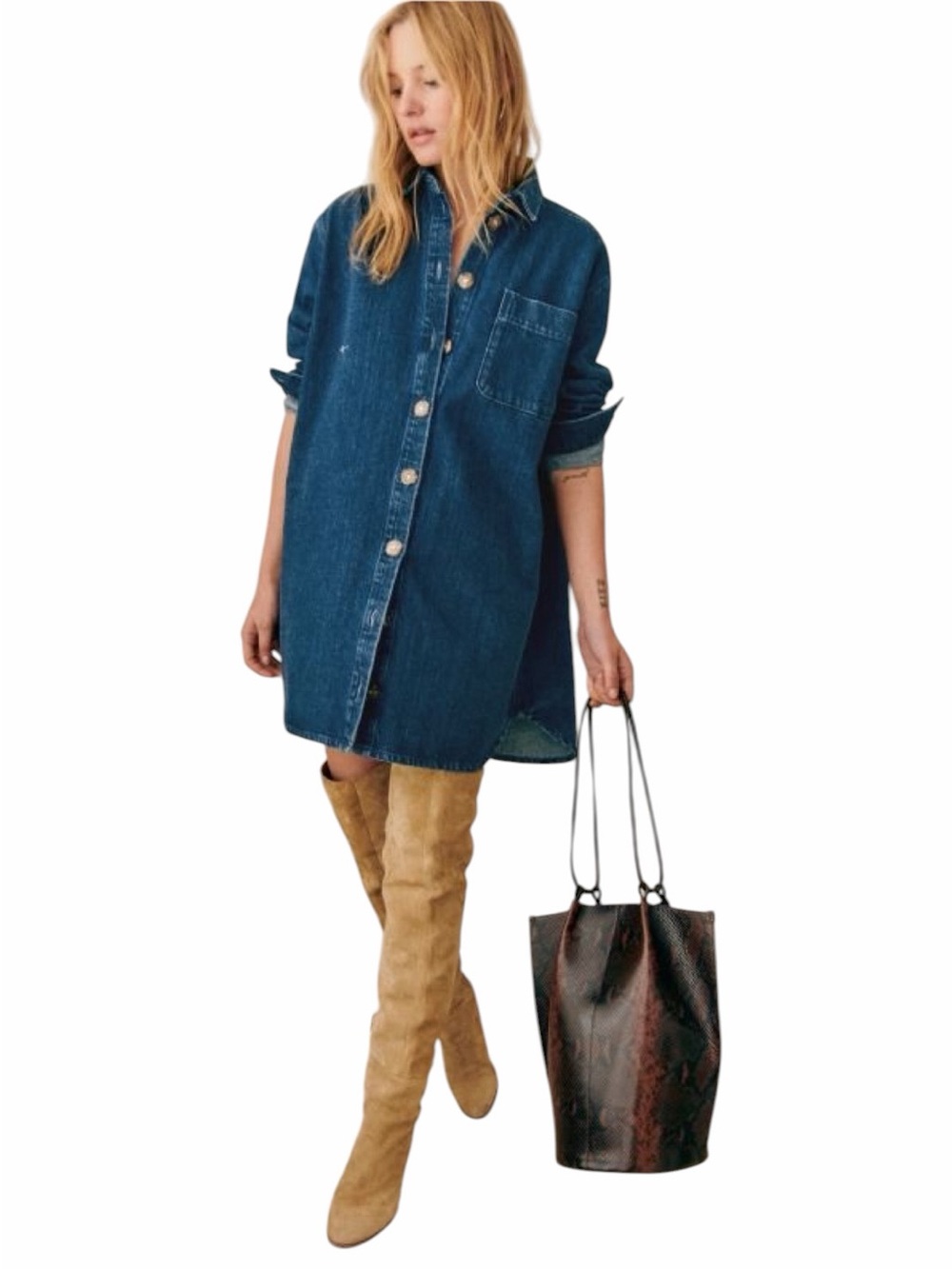 Sézane - Sofie Denim Shirt Dress Dark Blue Oversized Button Front Sz S
